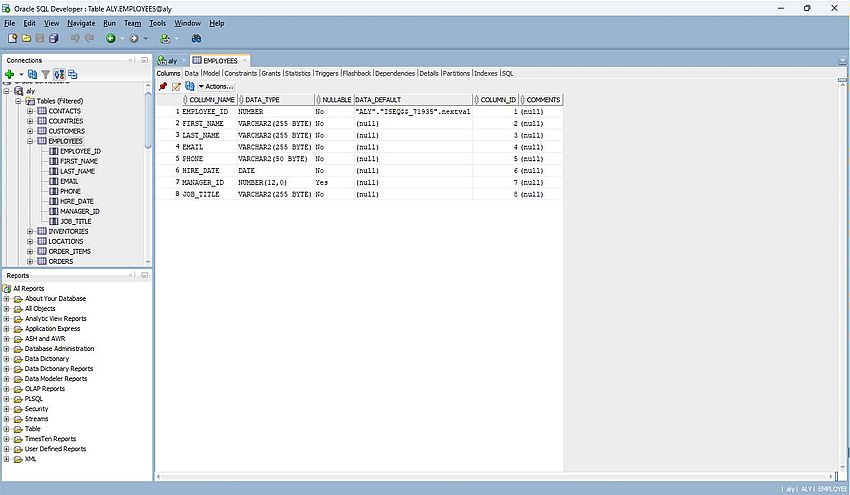 SQL Developer - Structure of the table EMPLOYEES of the Oracle Sample Database