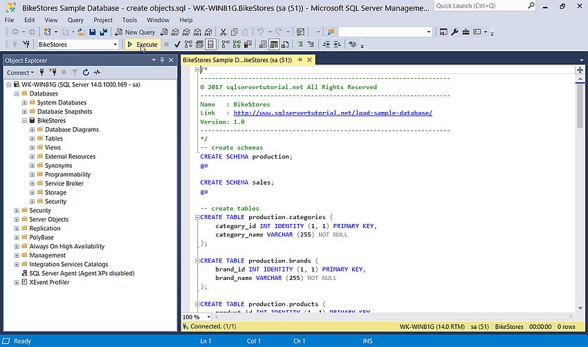 SQL Server Management Studio: Creating the 'Bikestores' database objects