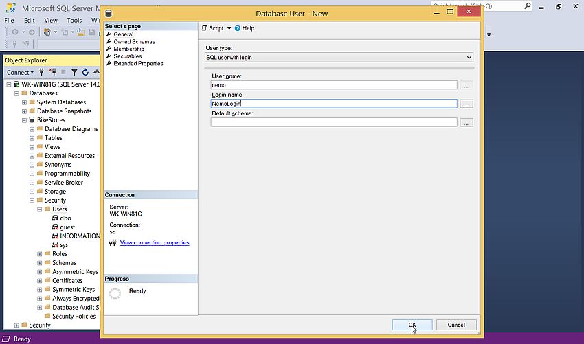 SQL Server Management Studio: Creating a new user