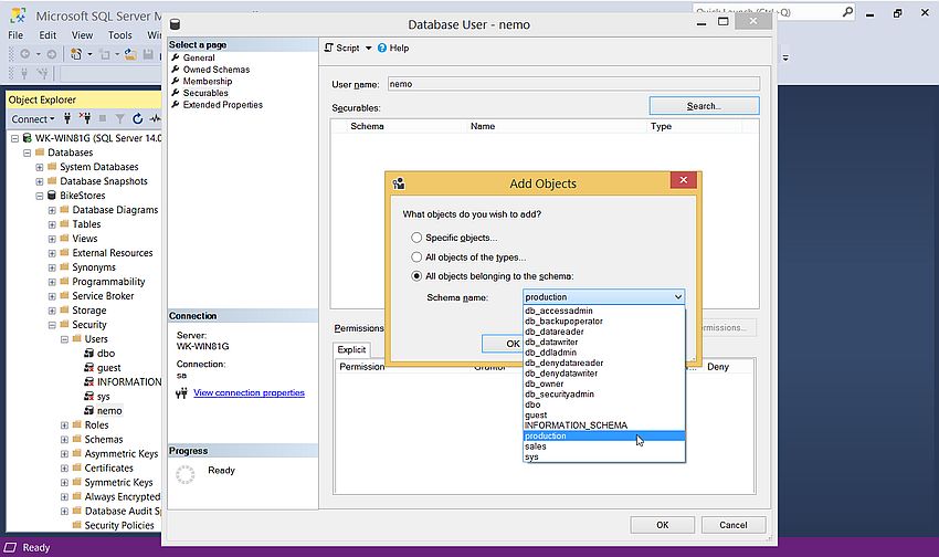 SQL Server Management Studio: New user securables