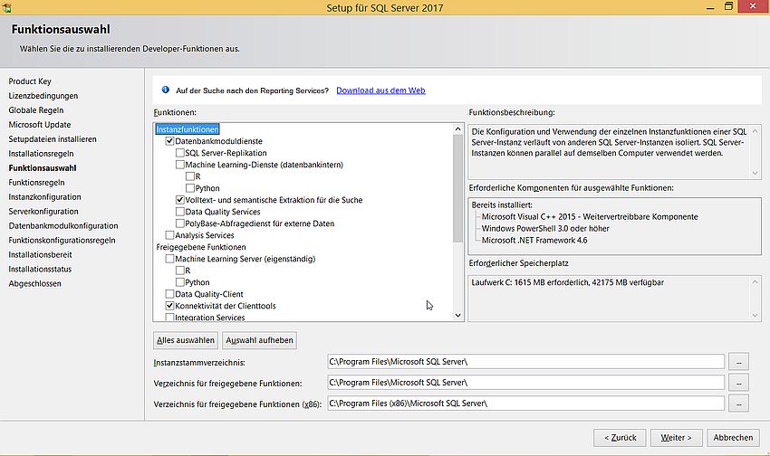 SQL Server installation: Choosing the functions to be installed