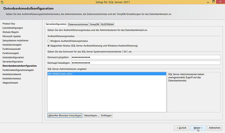 SQL Server installation: Server configuration - Authentification