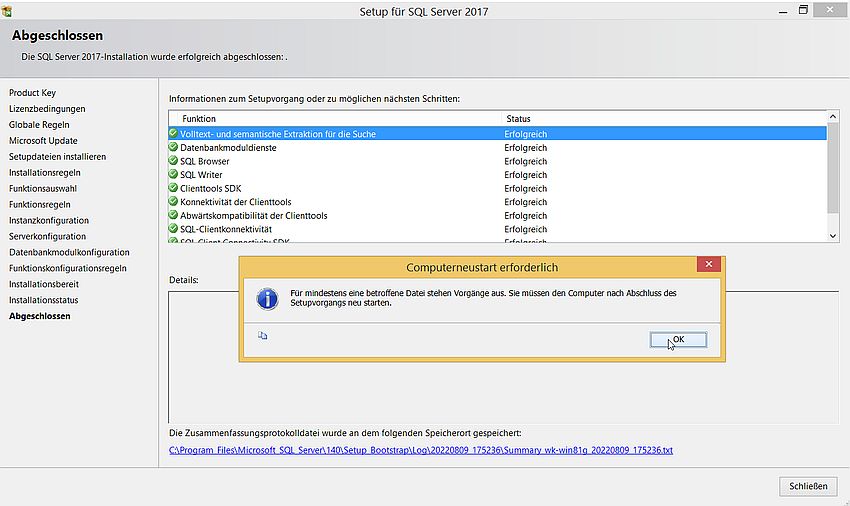 SQL Server installation: All features successfully installed